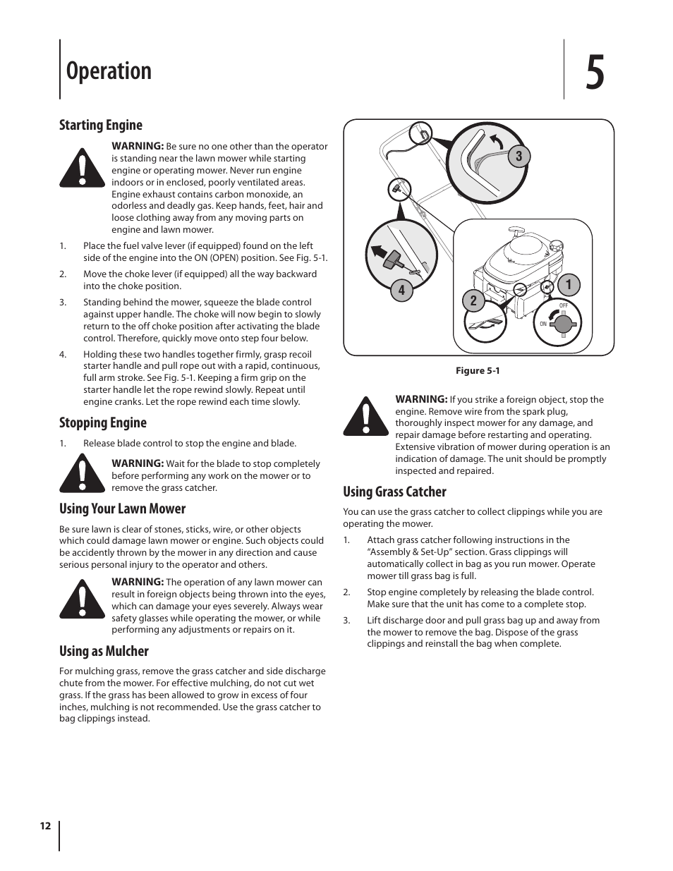 Operation, Starting engine, Stopping engine | Using your lawn mower, Using as mulcher, Using grass catcher | Cub Cadet Series 180 User Manual | Page 12 / 40