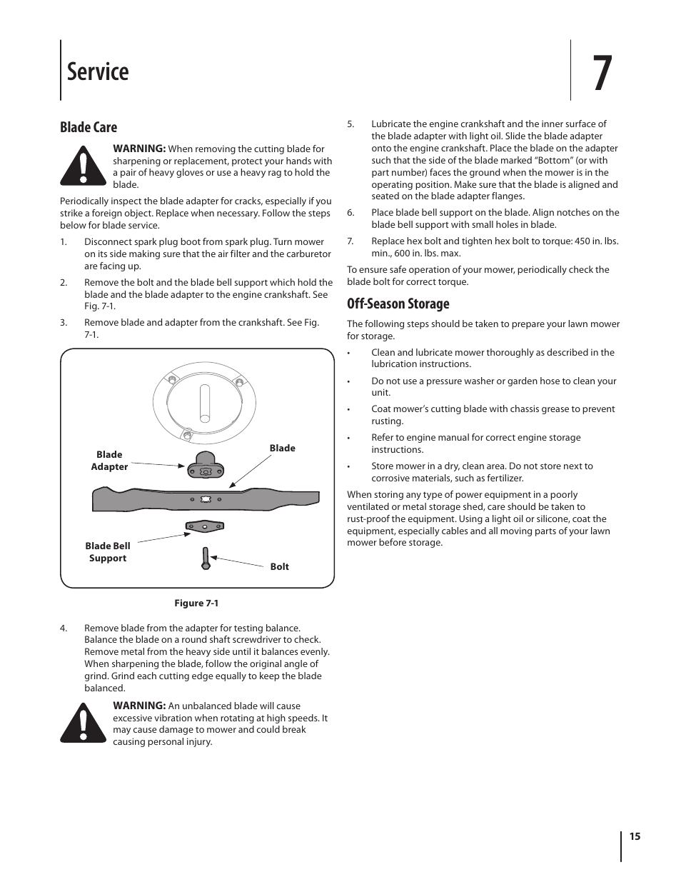 Service, Off-season storage, Blade care | Cub Cadet Series 180 User Manual | Page 15 / 40