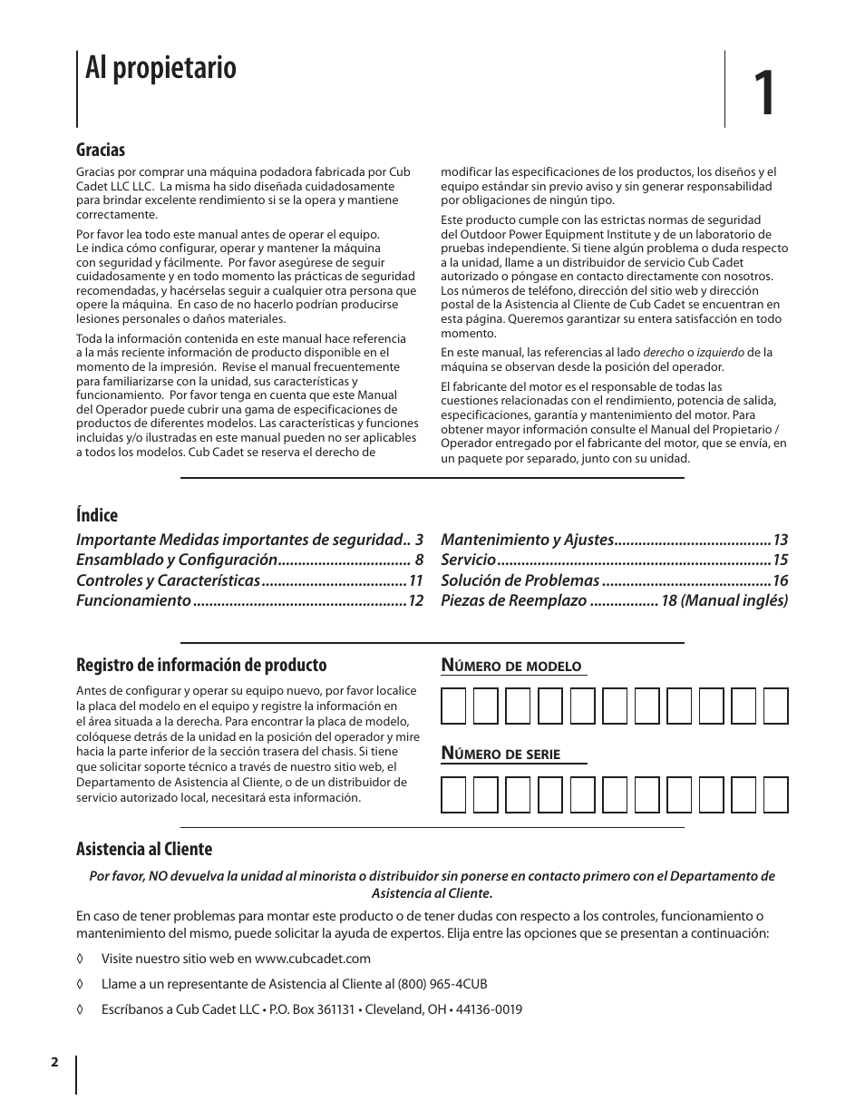 Al propietario, Asistencia al cliente, Gracias | Índice n, Registro de información de producto | Cub Cadet Series 180 User Manual | Page 22 / 40