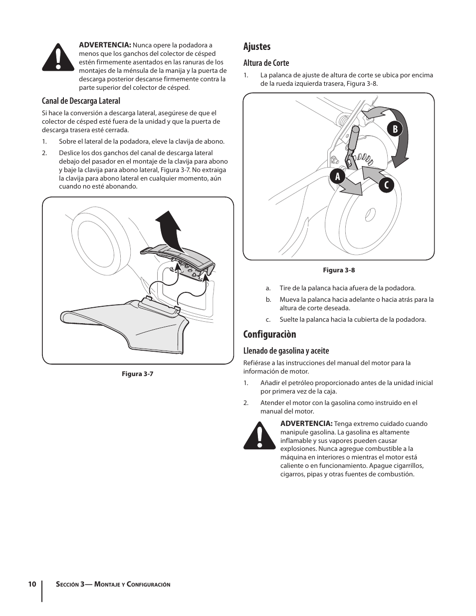 Ajustes, Configuraciòn, Ab c | Cub Cadet Series 180 User Manual | Page 30 / 40