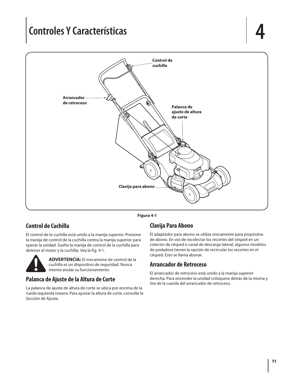 Controles y características, Control de cuchilla, Palanca de ajuste de la altura de corte | Clavija para abono, Arrancador de retroceso | Cub Cadet Series 180 User Manual | Page 31 / 40
