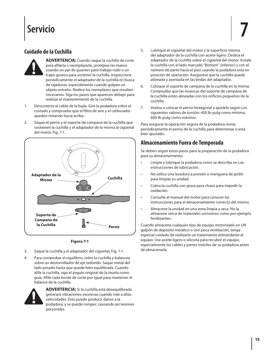 Servicio, Almacenamiento fuera de temporada, Cuidado de la cuchilla | Cub Cadet Series 180 User Manual | Page 35 / 40