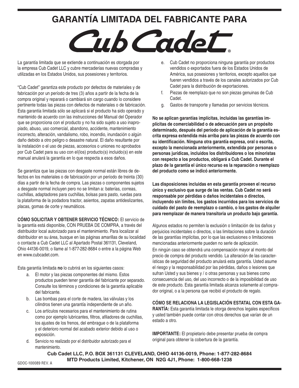 Garantía limitada del fabricante para | Cub Cadet Series 180 User Manual | Page 40 / 40