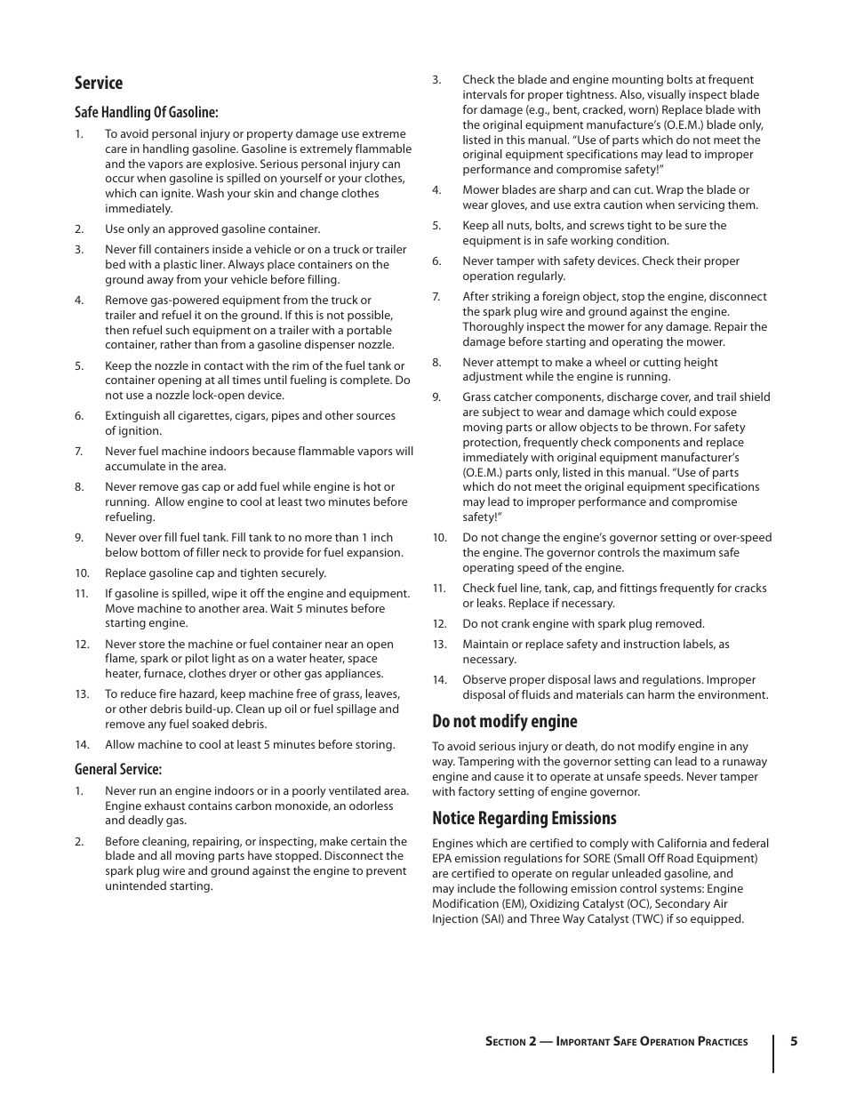 Service, Do not modify engine, Notice regarding emissions | Safe handling of gasoline, General service | Cub Cadet Series 180 User Manual | Page 5 / 40