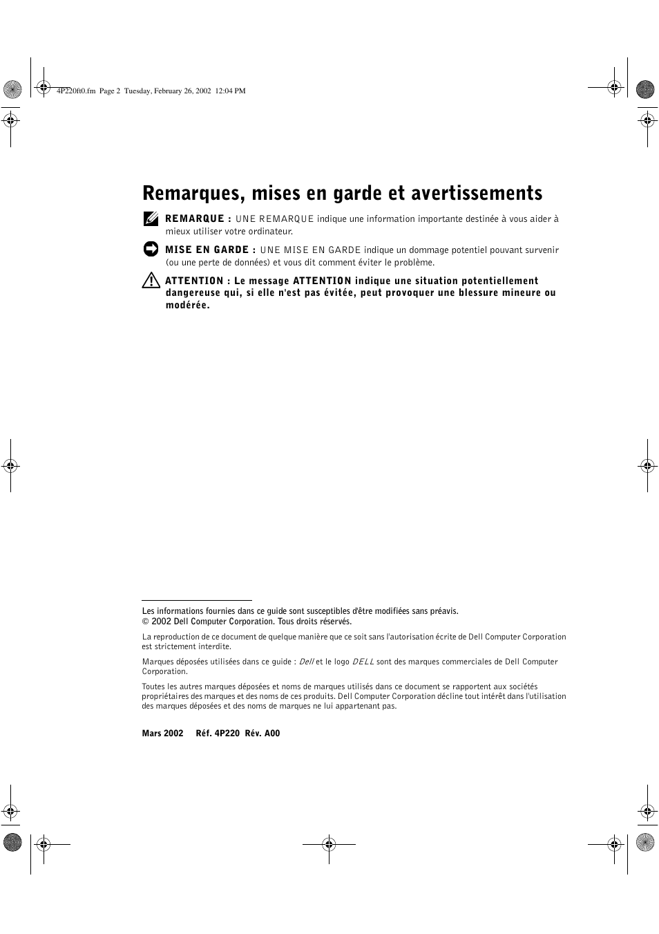 Remarques, mises en garde et avertissements | Dell PowerEdge 2650 User Manual | Page 12 / 40