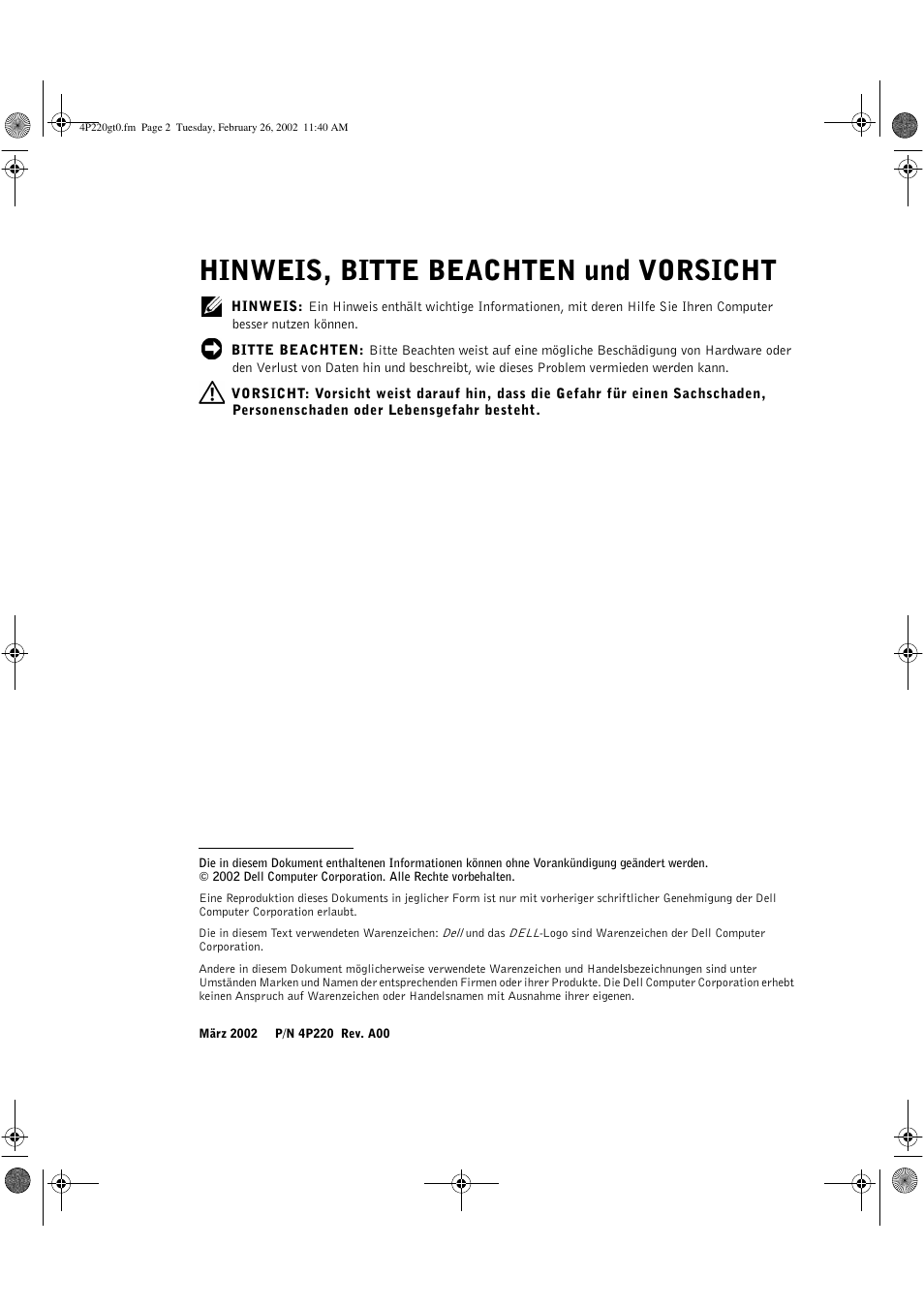Hinweis, bitte beachten und vorsicht | Dell PowerEdge 2650 User Manual | Page 18 / 40