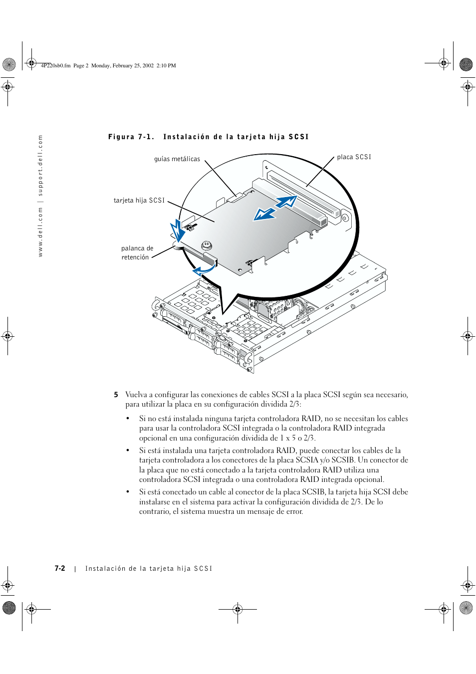 Figura 7-1. instalación de la tarjeta hija scsi | Dell PowerEdge 2650 User Manual | Page 38 / 40