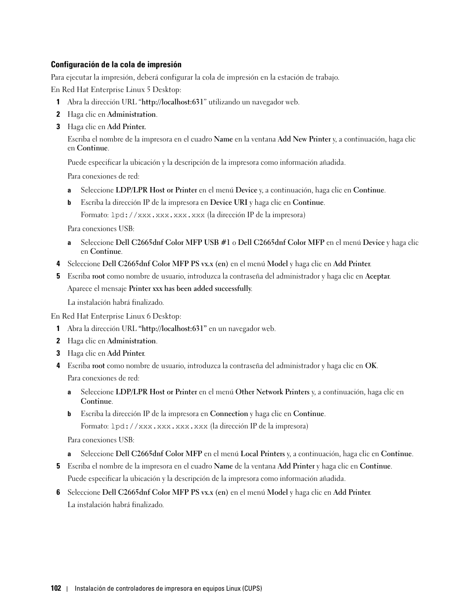 Configuración de la cola de impresión | Dell C2665dnf Color Laser Printer User Manual | Page 104 / 614