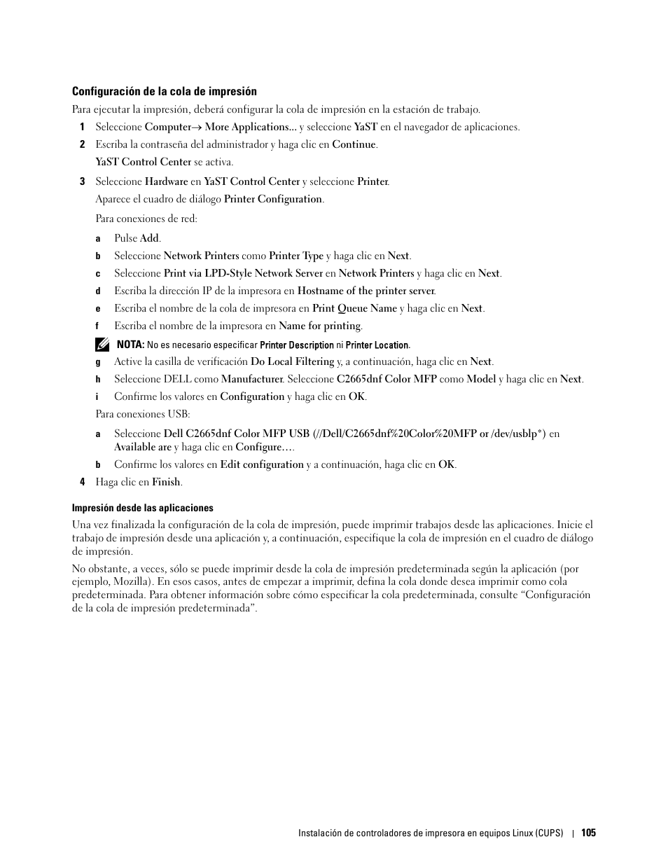 Configuración de la cola de impresión | Dell C2665dnf Color Laser Printer User Manual | Page 107 / 614