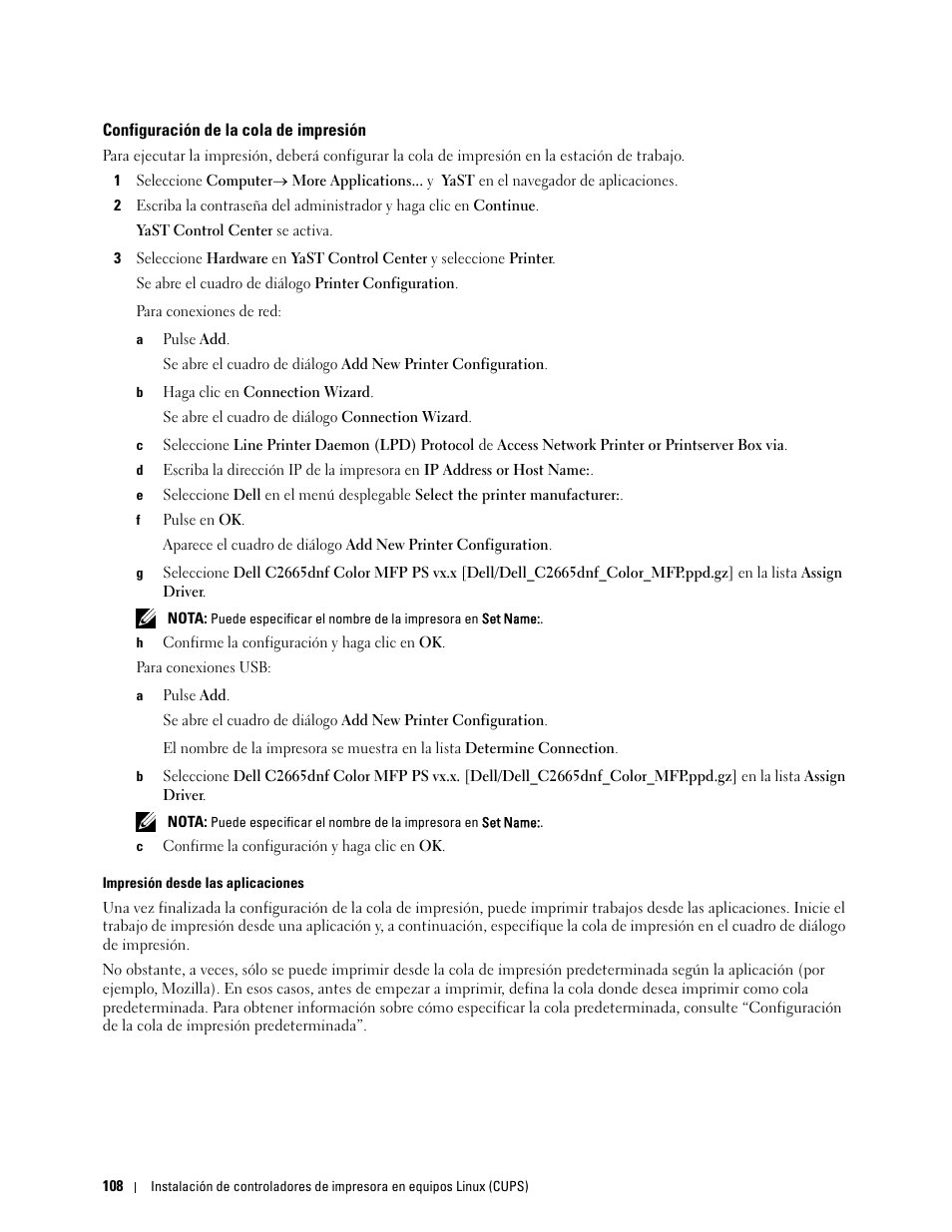 Configuración de la cola de impresión | Dell C2665dnf Color Laser Printer User Manual | Page 110 / 614