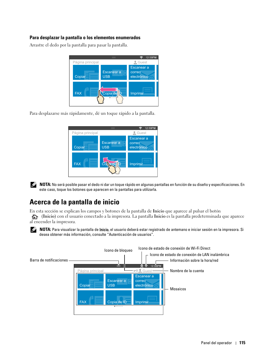 Acerca de la pantalla de inicio | Dell C2665dnf Color Laser Printer User Manual | Page 117 / 614