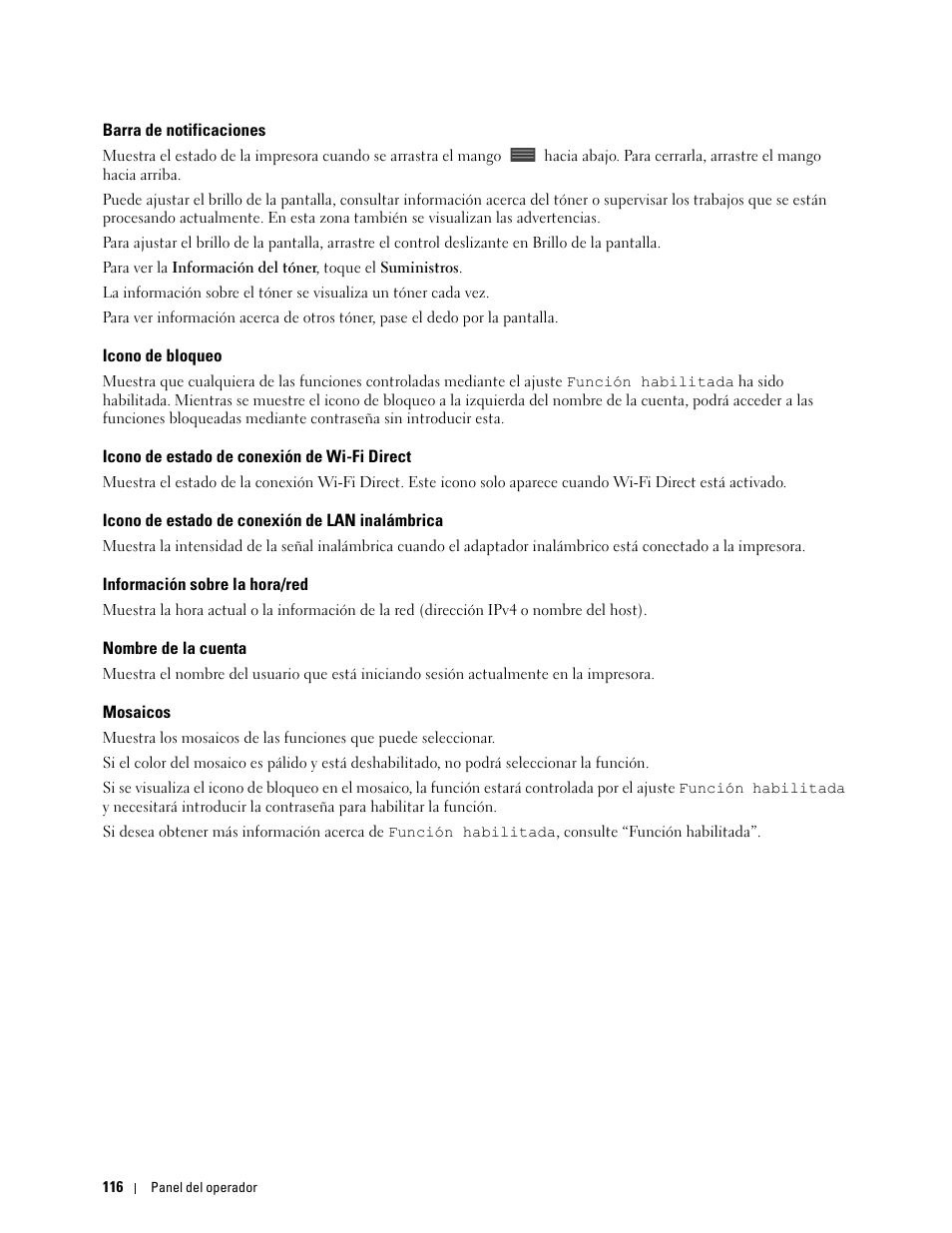 Barra de notificaciones, Icono de bloqueo, Icono de estado de conexión de wi-fi direct | Icono de estado de conexión de lan inalámbrica, Información sobre la hora/red, Nombre de la cuenta, Mosaicos | Dell C2665dnf Color Laser Printer User Manual | Page 118 / 614