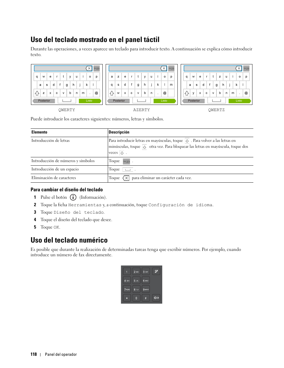 Uso del teclado mostrado en el panel táctil, Para cambiar el diseño del teclado, Uso del teclado numérico | Dell C2665dnf Color Laser Printer User Manual | Page 120 / 614