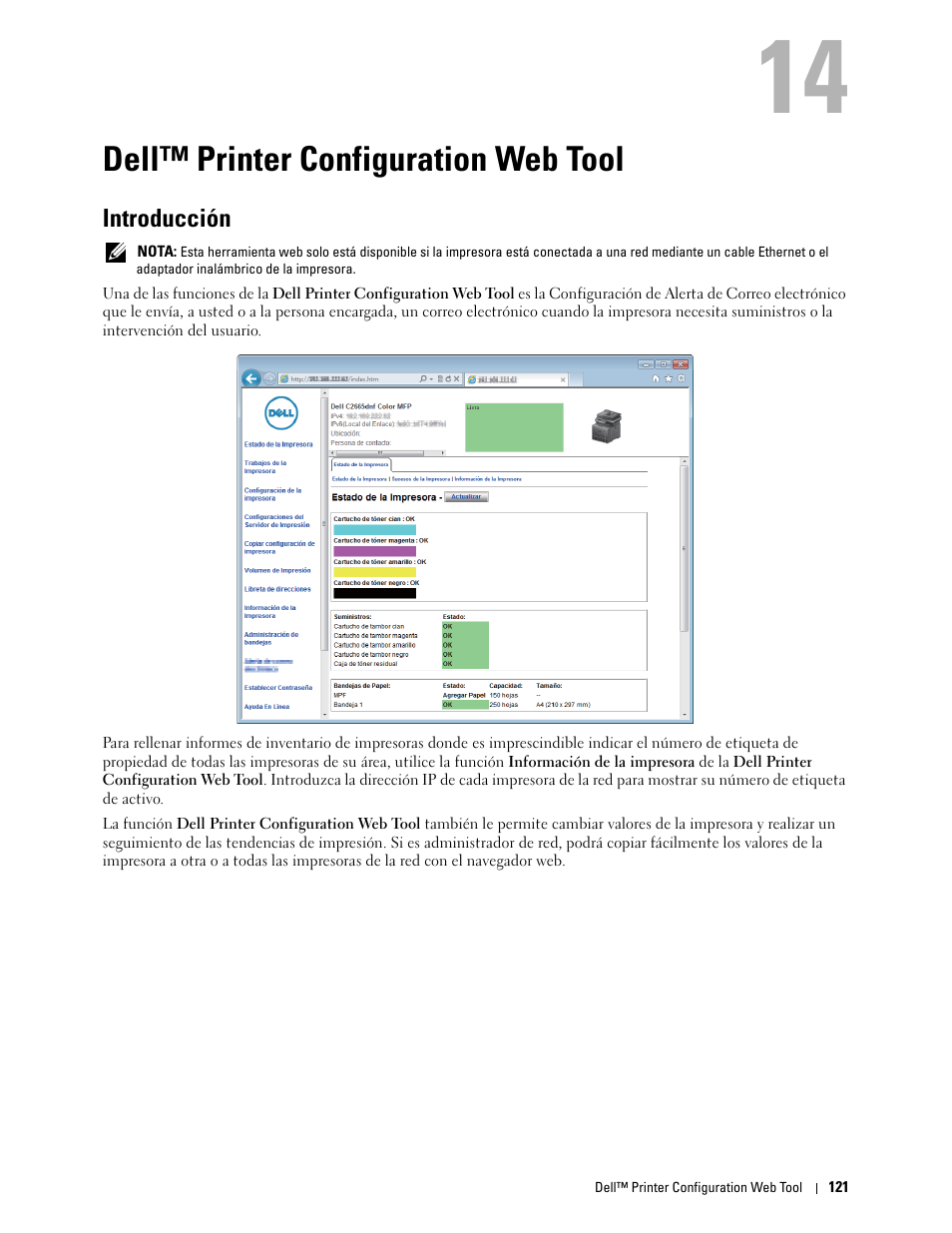 Dell™ printer configuration web tool, Introducción, Sulte “dell™ printer configuration web tool | 14 dell™ printer configuration web tool | Dell C2665dnf Color Laser Printer User Manual | Page 123 / 614