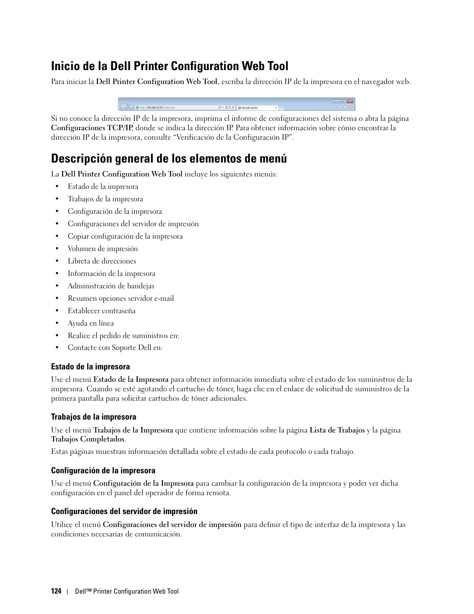 Inicio de la dell printer configuration web tool, Descripción general de los elementos de menú, Estado de la impresora | Trabajos de la impresora, Configuración de la impresora, Configuraciones del servidor de impresión | Dell C2665dnf Color Laser Printer User Manual | Page 126 / 614