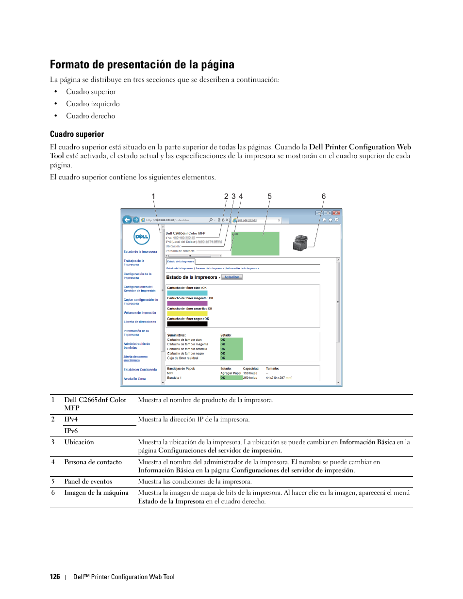 Cuadro superior, Formato de presentación de la página | Dell C2665dnf Color Laser Printer User Manual | Page 128 / 614