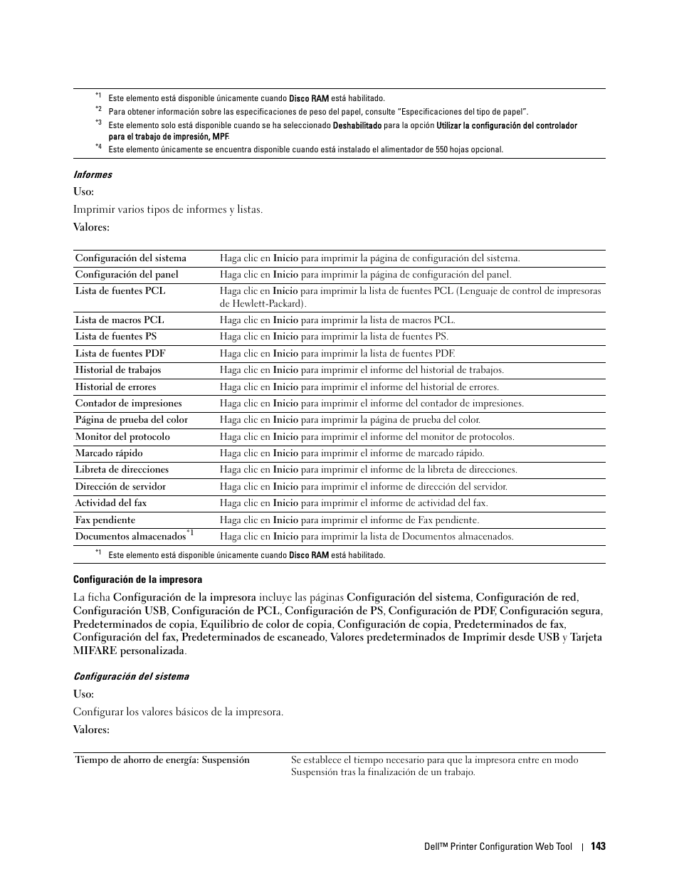 Informes, Configuración de la impresora, Configuración del sistema | Dell C2665dnf Color Laser Printer User Manual | Page 145 / 614