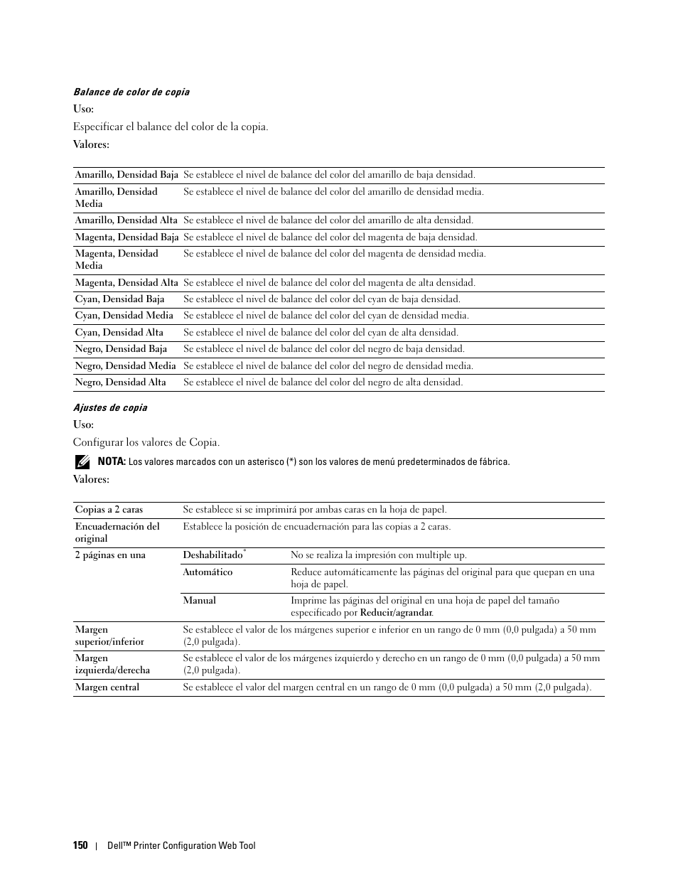 Balance de color de copia” “ajustes de copia | Dell C2665dnf Color Laser Printer User Manual | Page 152 / 614