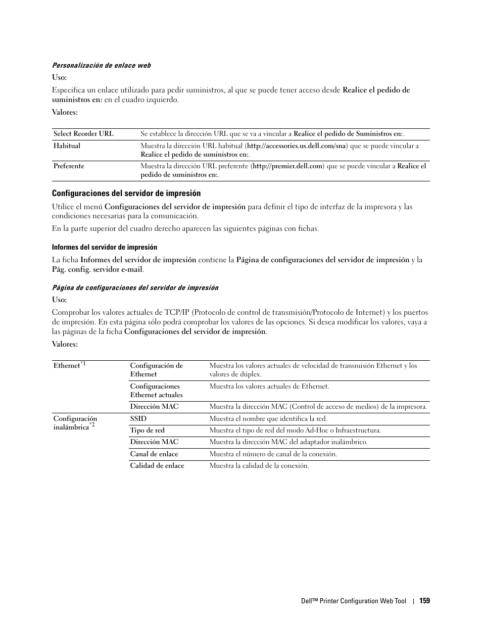 Configuraciones del servidor de impresión, Personalización de enlace web, Configuraciones del | Servidor de impresión | Dell C2665dnf Color Laser Printer User Manual | Page 161 / 614