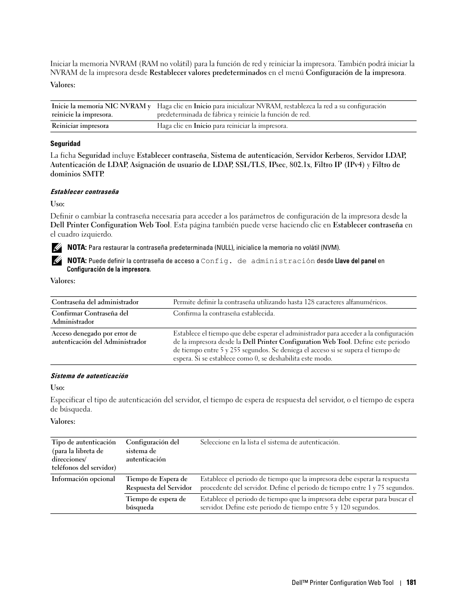 Seguridad, Establecer contraseña” “sistema de autenticación | Dell C2665dnf Color Laser Printer User Manual | Page 183 / 614