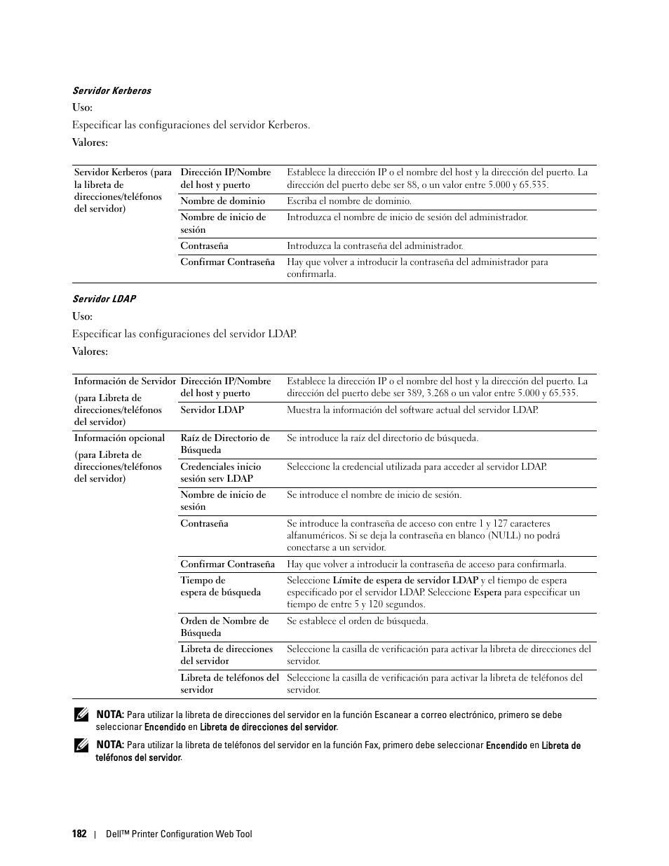 Servidor kerberos” “servidor ldap | Dell C2665dnf Color Laser Printer User Manual | Page 184 / 614