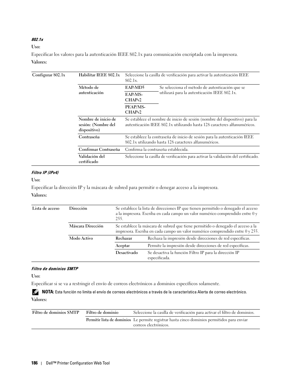 Filtro ip (ipv4)” “filtro de dominios smtp | Dell C2665dnf Color Laser Printer User Manual | Page 188 / 614