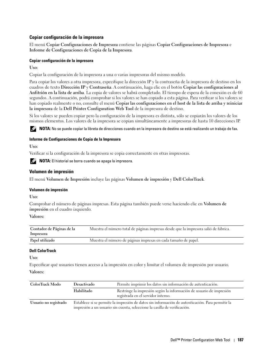 Copiar configuración de la impresora, Volumen de impresión, Copiar configuración | De la impresora, Copiar configuración de la, Impresora, Volumen de impresión” “volumen de impresión, Volumen de impresión” “dell colortrack | Dell C2665dnf Color Laser Printer User Manual | Page 189 / 614