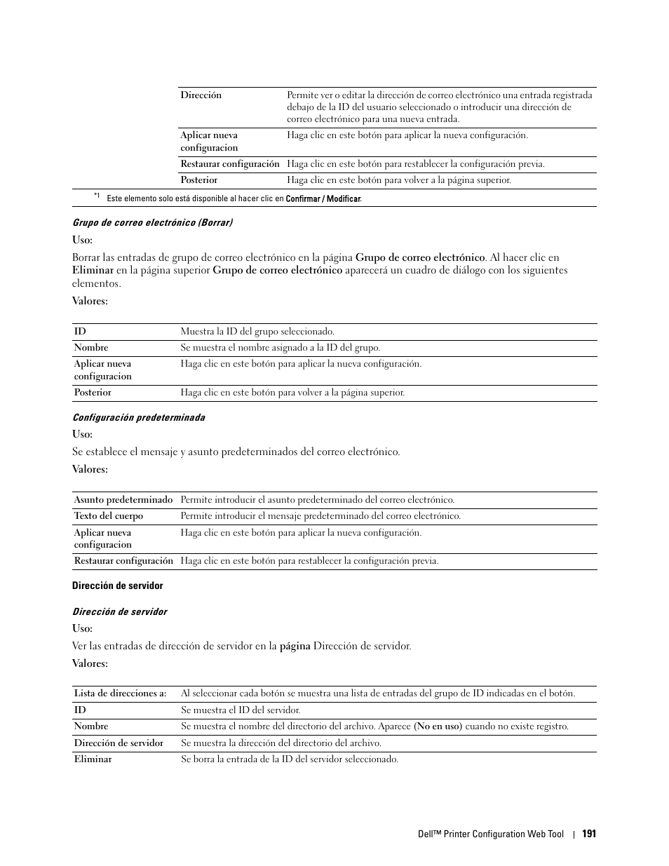 Configuración predeterminada, Dirección de servidor | Dell C2665dnf Color Laser Printer User Manual | Page 193 / 614