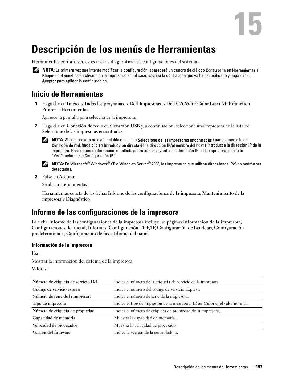 Descripción de los menús de herramientas, Inicio de herramientas, Informe de las configuraciones de la impresora | Información de la impresora, Nsulte “inicio de herramientas, 15 descripción de los menús de herramientas | Dell C2665dnf Color Laser Printer User Manual | Page 199 / 614