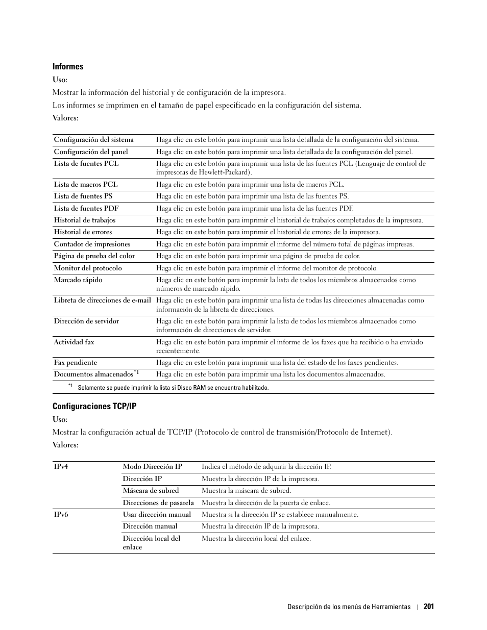 Informes, Configuraciones tcp/ip | Dell C2665dnf Color Laser Printer User Manual | Page 203 / 614