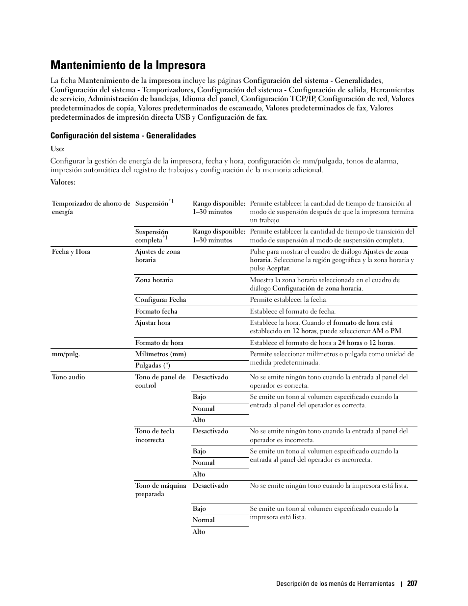 Mantenimiento de la impresora, Configuración del sistema - generalidades | Dell C2665dnf Color Laser Printer User Manual | Page 209 / 614