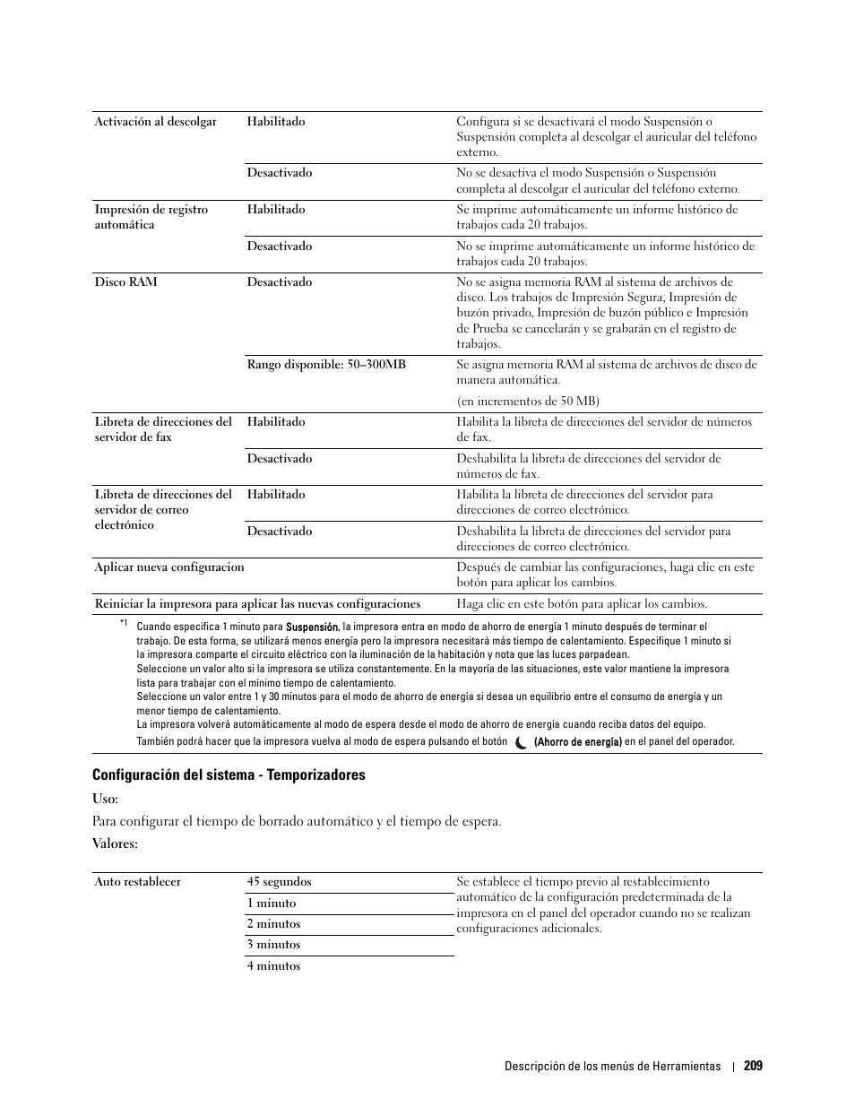 Configuración del sistema - temporizadores | Dell C2665dnf Color Laser Printer User Manual | Page 211 / 614