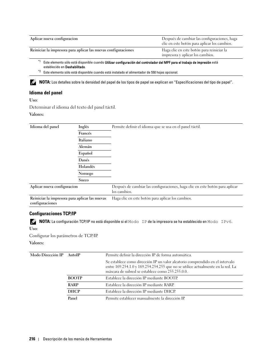 Idioma del panel, Configuraciones tcp/ip | Dell C2665dnf Color Laser Printer User Manual | Page 218 / 614