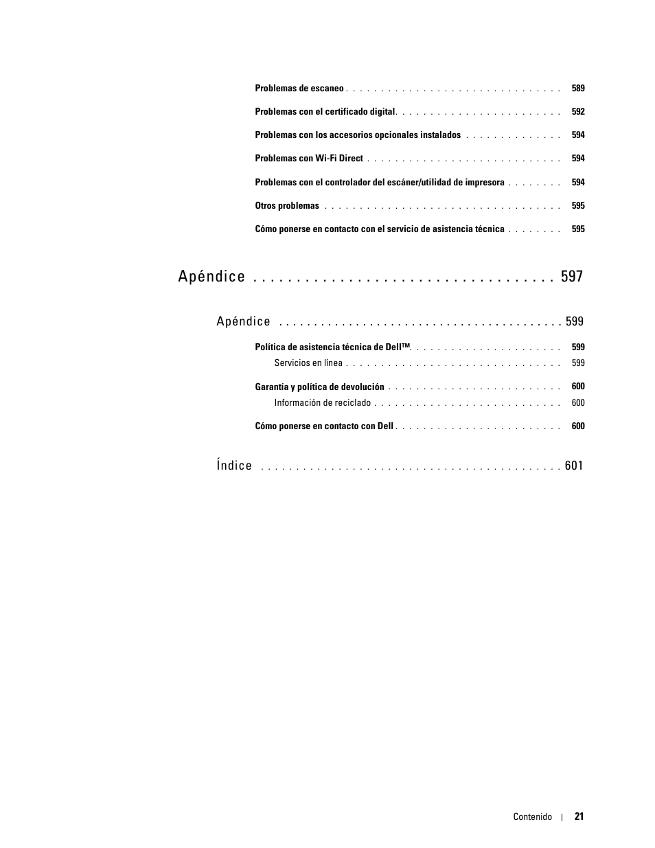Apéndice 599, Apéndice, Índice | Dell C2665dnf Color Laser Printer User Manual | Page 23 / 614