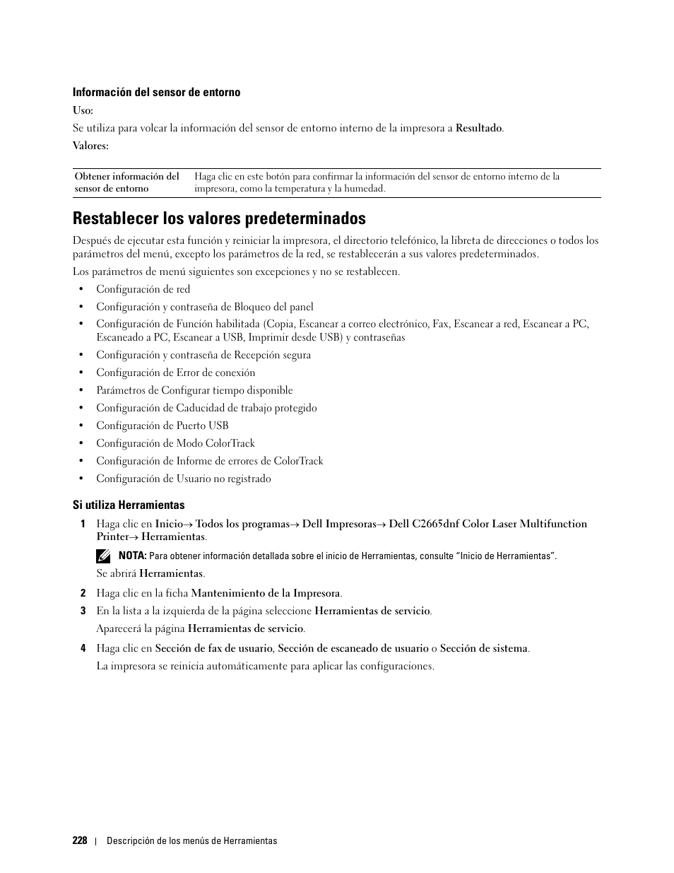 Información del sensor de entorno, Restablecer los valores predeterminados, Si utiliza herramientas | Dell C2665dnf Color Laser Printer User Manual | Page 230 / 614