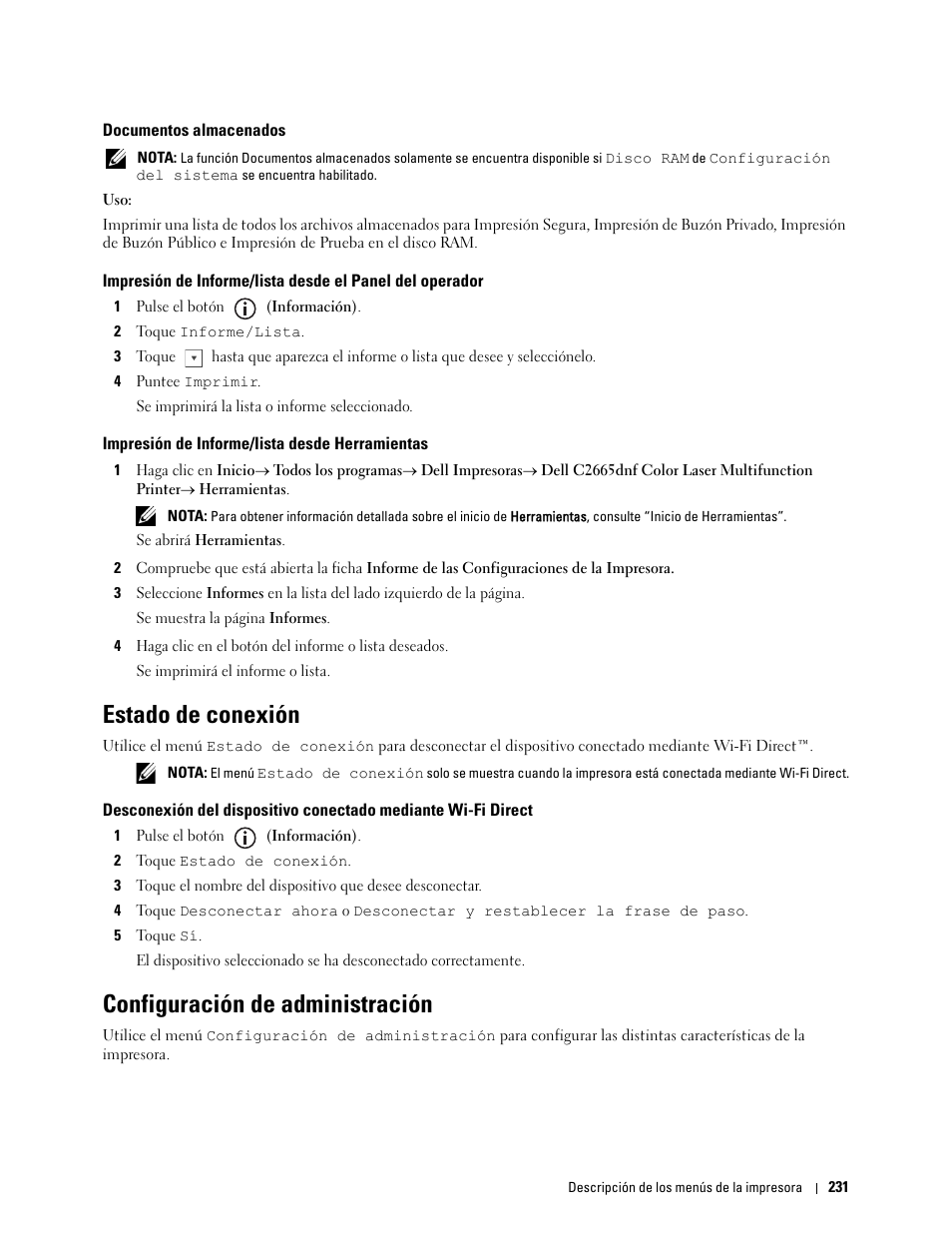 Documentos almacenados, Impresión de informe/lista desde herramientas, Estado de conexión | Configuración de administración | Dell C2665dnf Color Laser Printer User Manual | Page 233 / 614