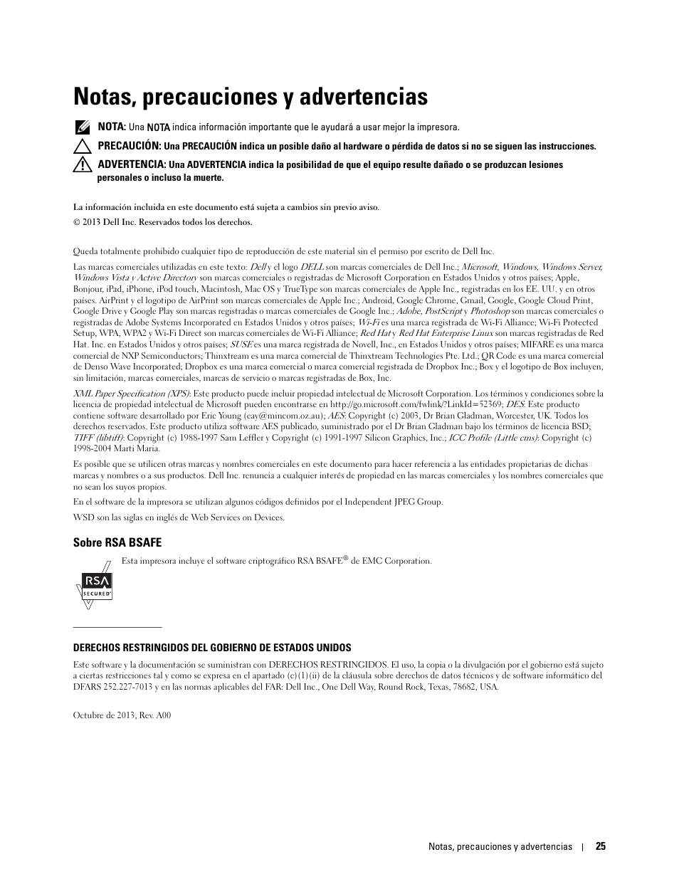 Notas, precauciones y advertencias, Sobre rsa bsafe | Dell C2665dnf Color Laser Printer User Manual | Page 27 / 614