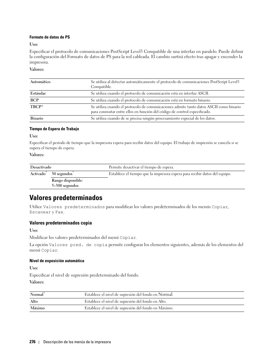 Valores predeterminados, Valores predeterminados copia | Dell C2665dnf Color Laser Printer User Manual | Page 278 / 614