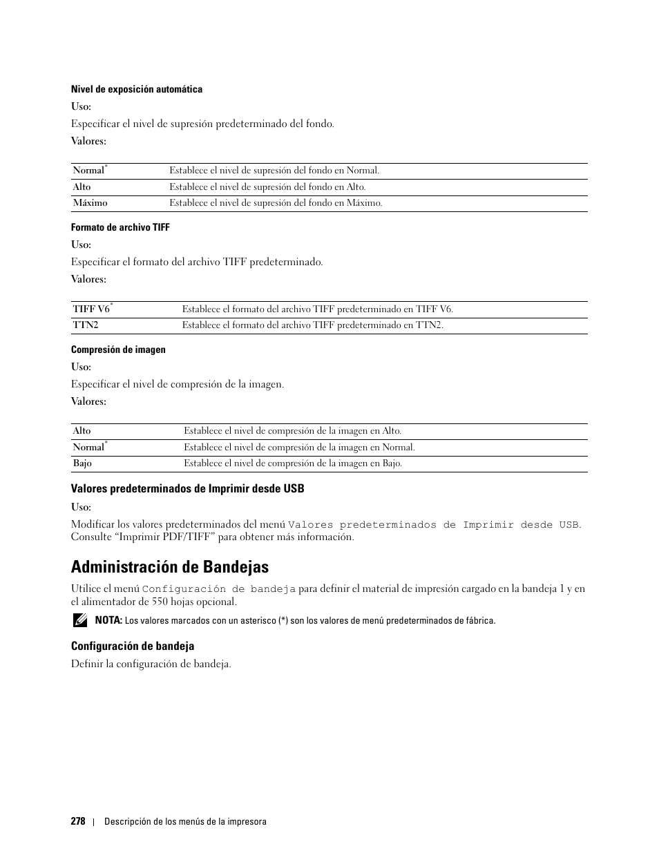 Valores predeterminados de imprimir desde usb, Administración de bandejas, Configuración de bandeja | Dell C2665dnf Color Laser Printer User Manual | Page 280 / 614