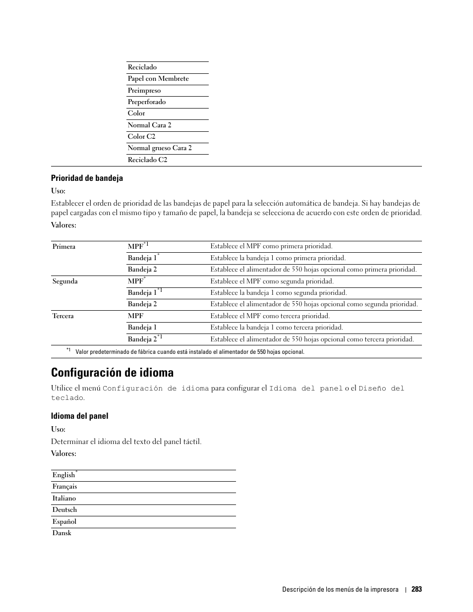 Prioridad de bandeja, Configuración de idioma, Idioma del panel | Dell C2665dnf Color Laser Printer User Manual | Page 285 / 614