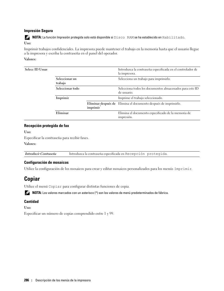 Impresión segura, Recepción protegida de fax, Configuración de mosaicos | Copiar, Cantidad | Dell C2665dnf Color Laser Printer User Manual | Page 288 / 614