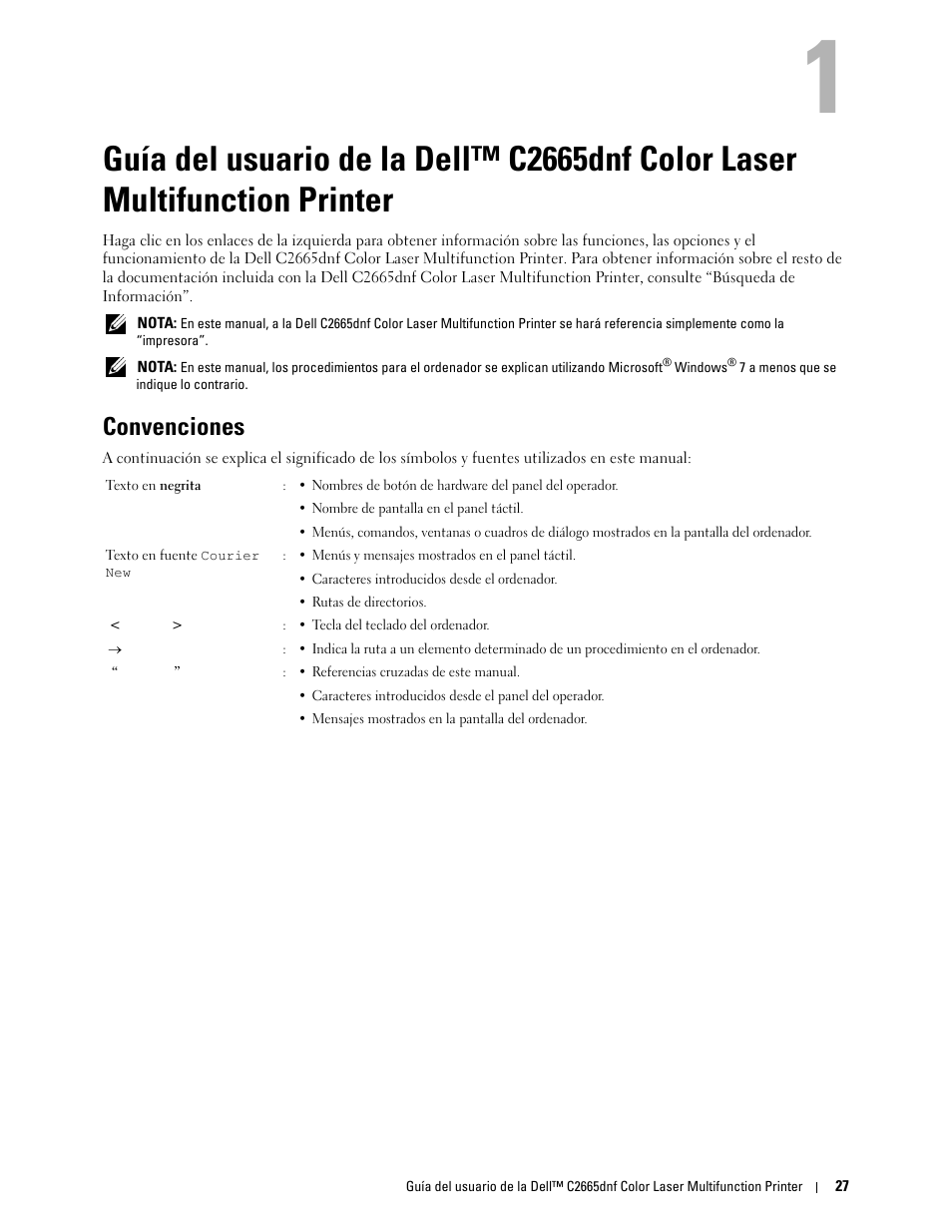 Convenciones, Guía del usuario de la dell™ c2665dnf color laser, Multifunction printer | Dell C2665dnf Color Laser Printer User Manual | Page 29 / 614