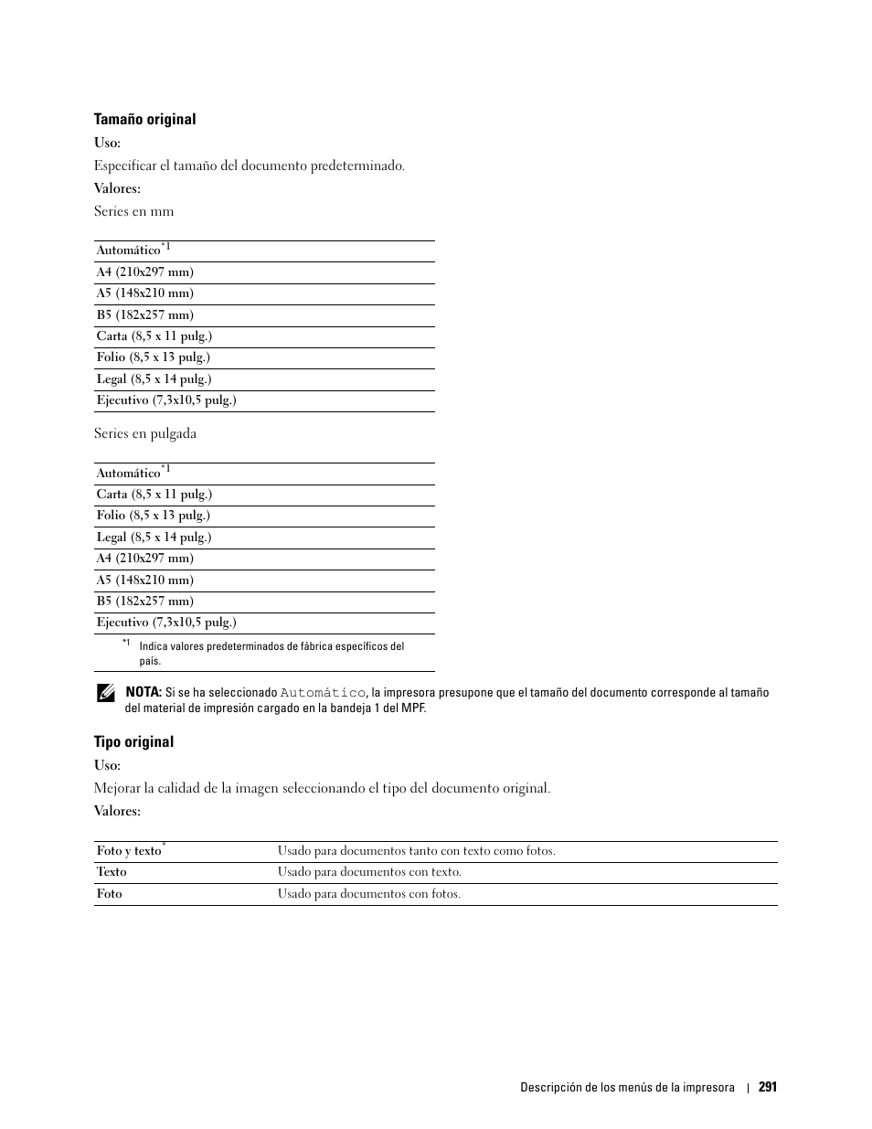 Tamaño original, Tipo original | Dell C2665dnf Color Laser Printer User Manual | Page 293 / 614