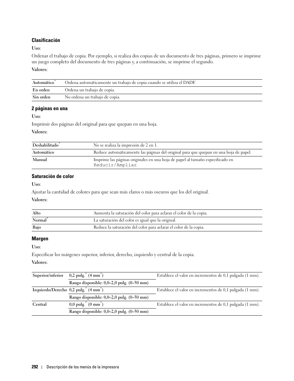 Clasificación, Saturación de color, Margen | Dell C2665dnf Color Laser Printer User Manual | Page 294 / 614