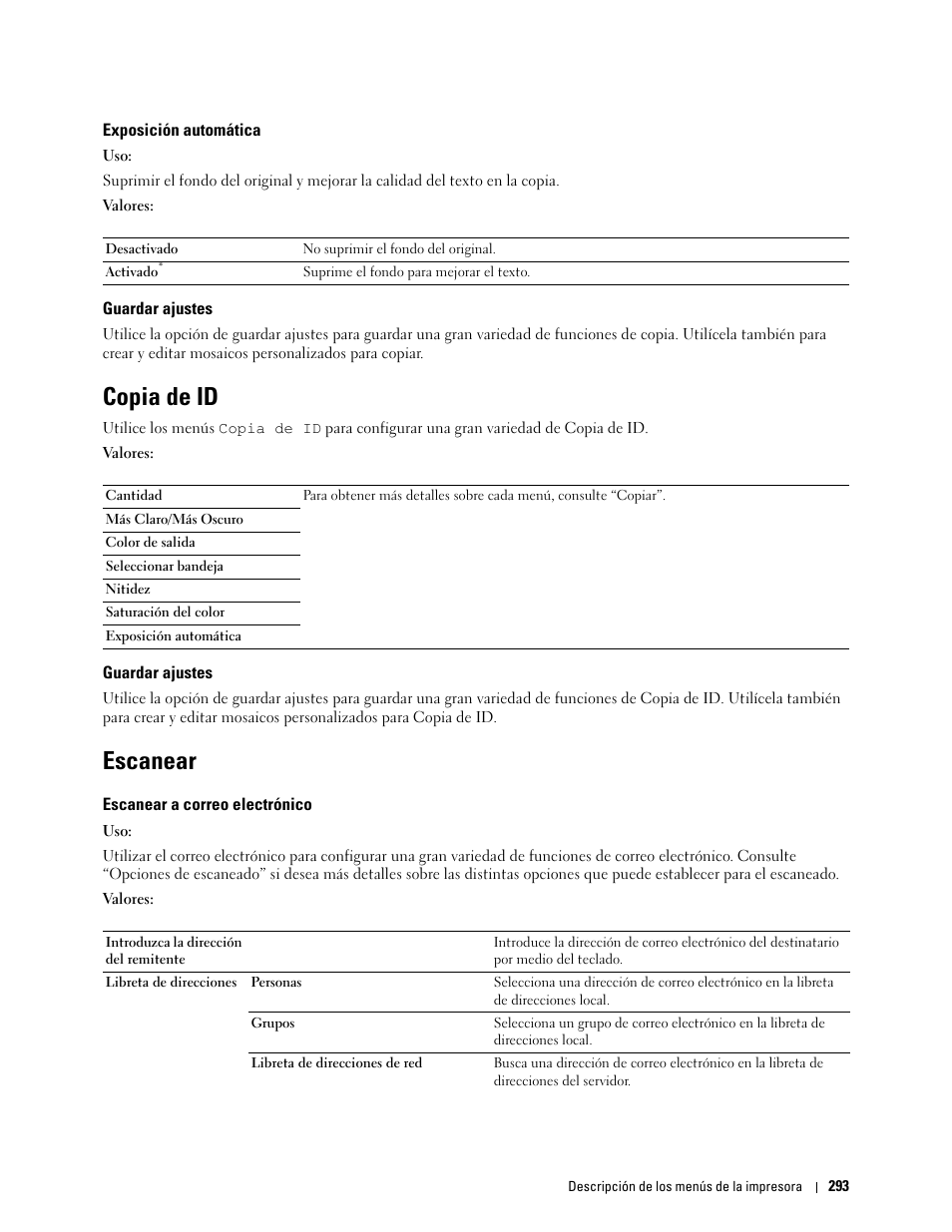 Exposición automática, Guardar ajustes, Copia de id | Escanear, Escanear a correo electrónico | Dell C2665dnf Color Laser Printer User Manual | Page 295 / 614