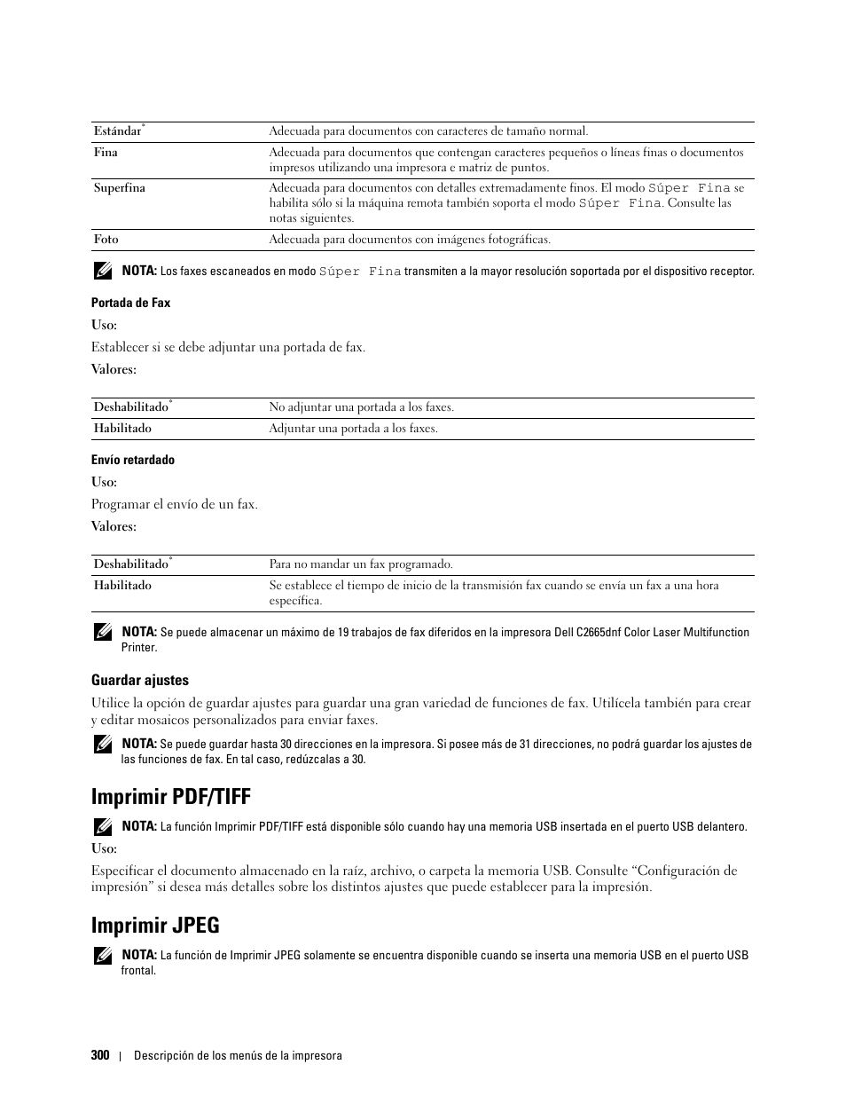 Guardar ajustes, Imprimir pdf/tiff, Imprimir jpeg | Dell C2665dnf Color Laser Printer User Manual | Page 302 / 614