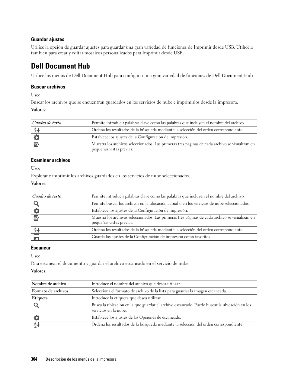 Guardar ajustes, Dell document hub, Buscar archivos | Examinar archivos, Escanear | Dell C2665dnf Color Laser Printer User Manual | Page 306 / 614