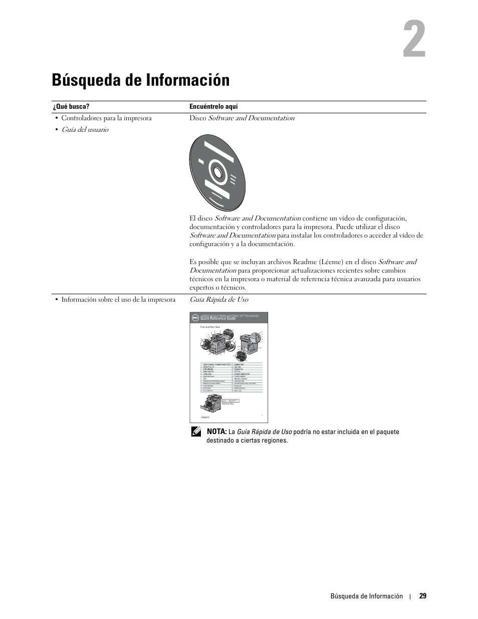 Búsqueda de información, 2 búsqueda de información, Nota | Quick reference guide | Dell C2665dnf Color Laser Printer User Manual | Page 31 / 614