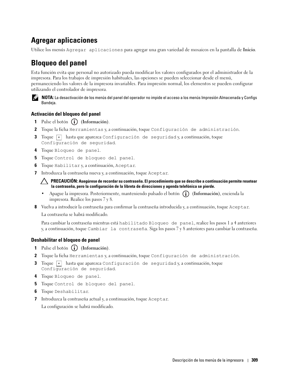 Agregar aplicaciones, Bloqueo del panel, Activación del bloqueo del panel | Deshabilitar el bloqueo de panel | Dell C2665dnf Color Laser Printer User Manual | Page 311 / 614