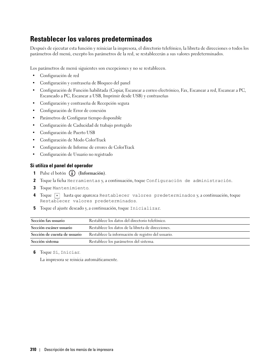 Restablecer los valores predeterminados, Si utiliza el panel del operador | Dell C2665dnf Color Laser Printer User Manual | Page 312 / 614